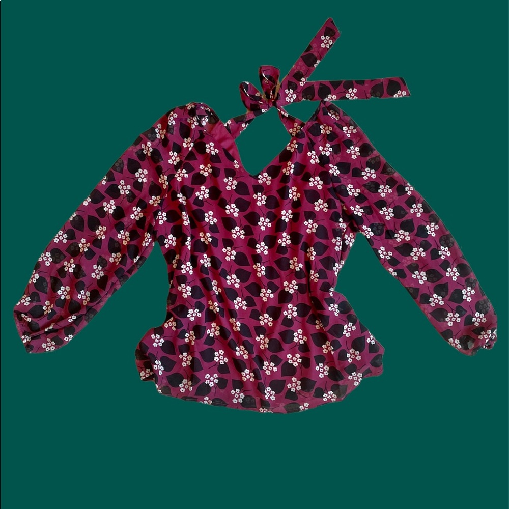 Nine West cranberry floral tie back blouse long sleeve size large fall